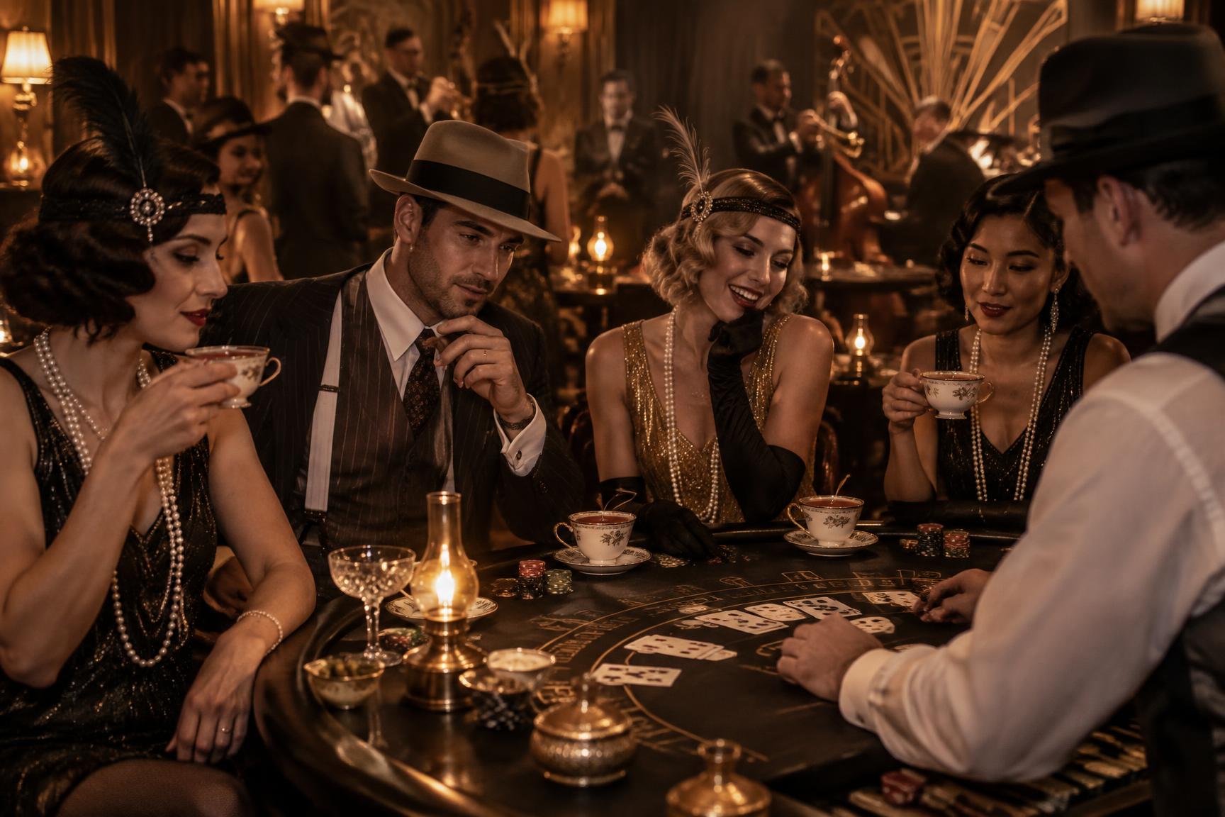 Prohibition 1920s speakeasy themed casino party with flappers and teacup cocktails