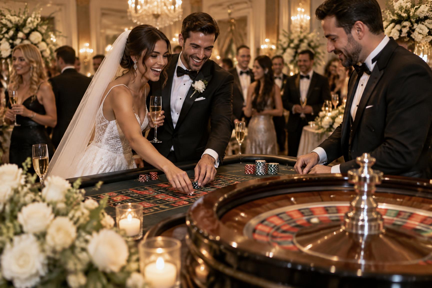 Bride and groom playing roulette at their wedding reception casino night