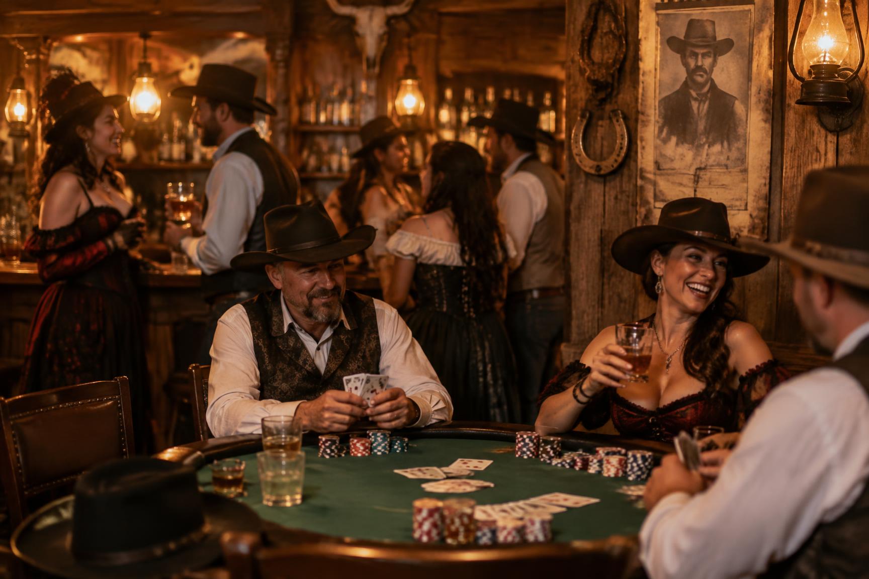 Wild West saloon themed casino night with a poker table